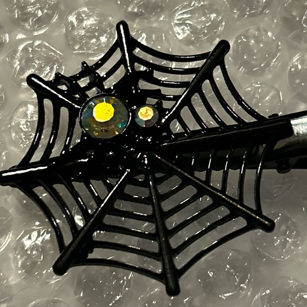 Spider on Black Web Hair Accessory Clip Broach W/ Iridescent Rhinestone Emo Goth